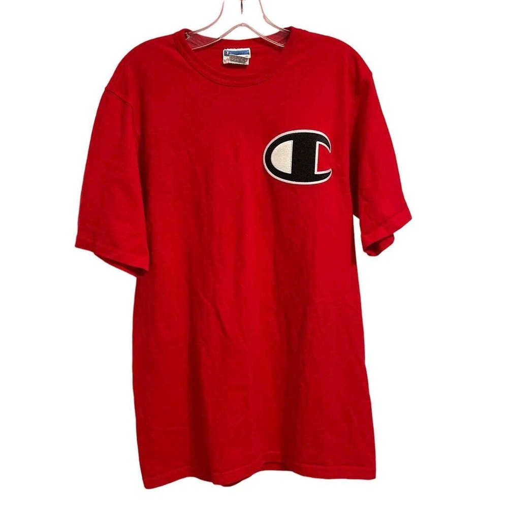Champion Mens Big C Logo Patch T-Shirt Red Short Sleeve Cotton Crew Neck Large